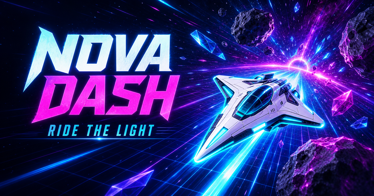 NOVA DASH spacecraft flying through a neon asteroid field